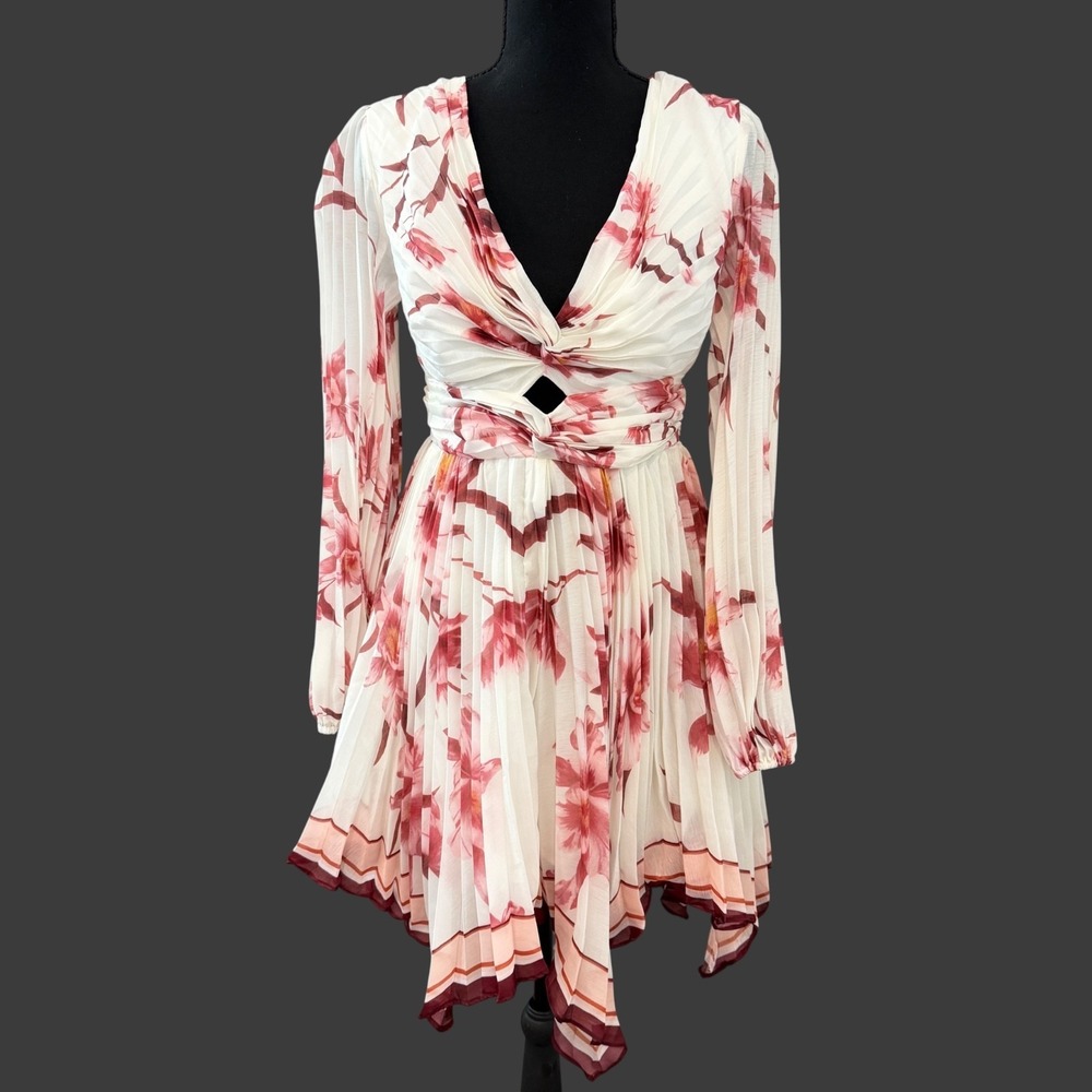 L'ATISTE White Floral Asymmetrical Long-Sleeve Dress with Pink Accents